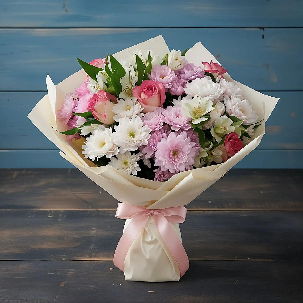 Букет цветов из: Хризантемы, Альстромерии и Розы в Кораблино